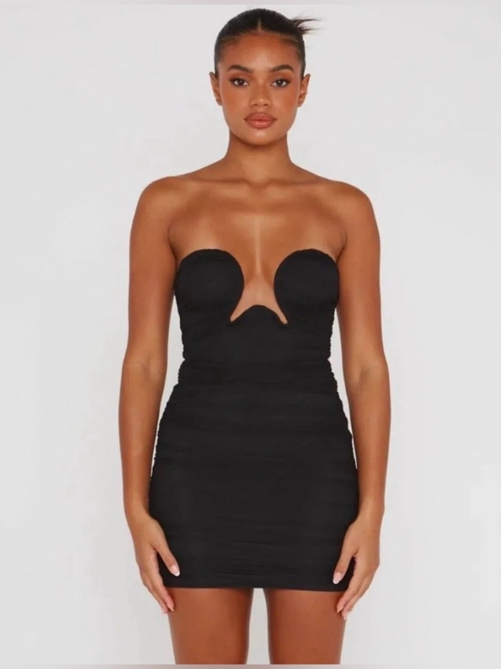 Maison Femalien | Ella Strapless Ruched Mesh Little Black Mini Dress Size S